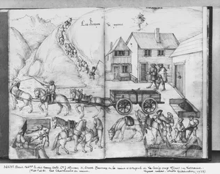 Mina de plata de La Croix-aux-Mines, Lorena, fol.20v y fol.21r, transportando el mineral, c.1530